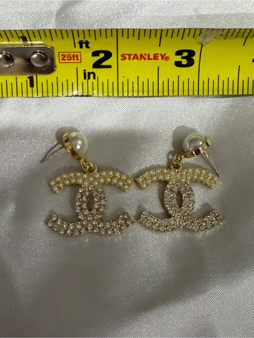 Chanel Gold Pearl & Crystal CC Drop Earrings